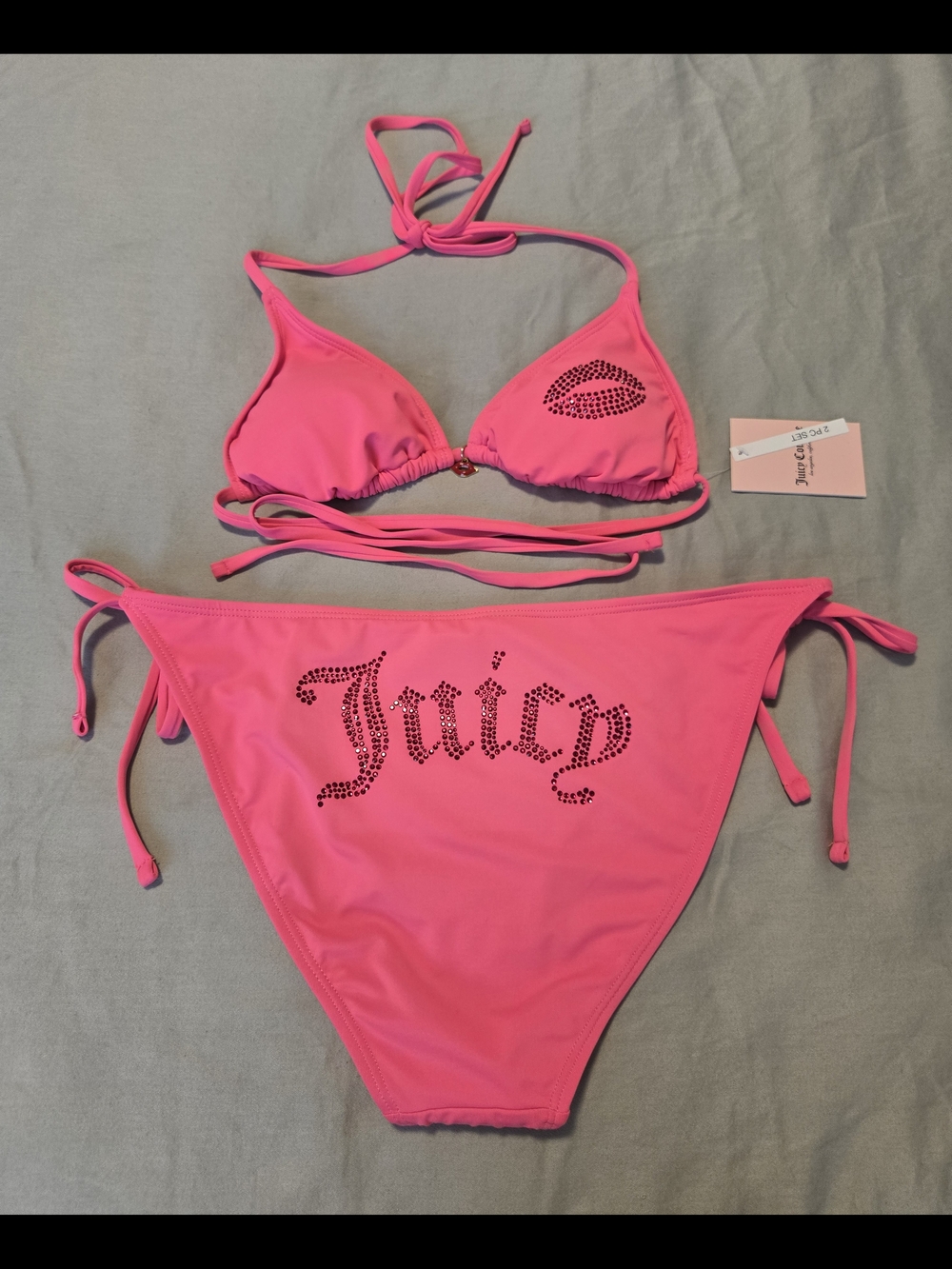 Juicy Couture Hot Pink Lips Rhinestone Bikini Set Swimwear M